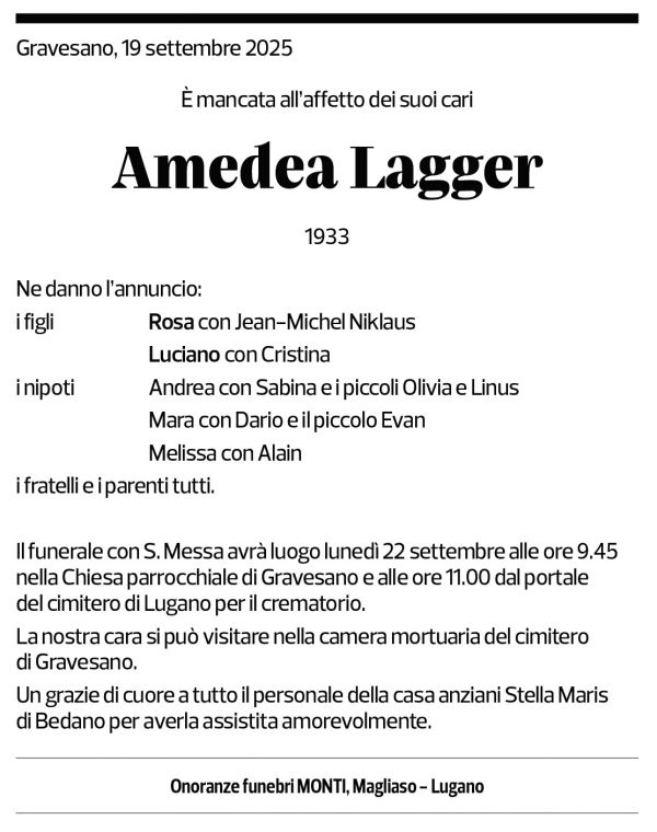 Annuncio funebre Amedea Lagger