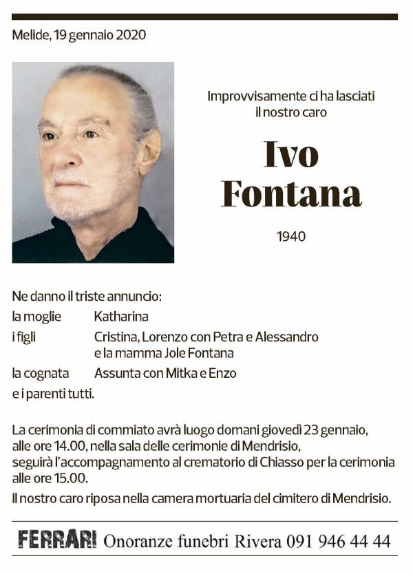 Annuncio funebre Ivo Fontana