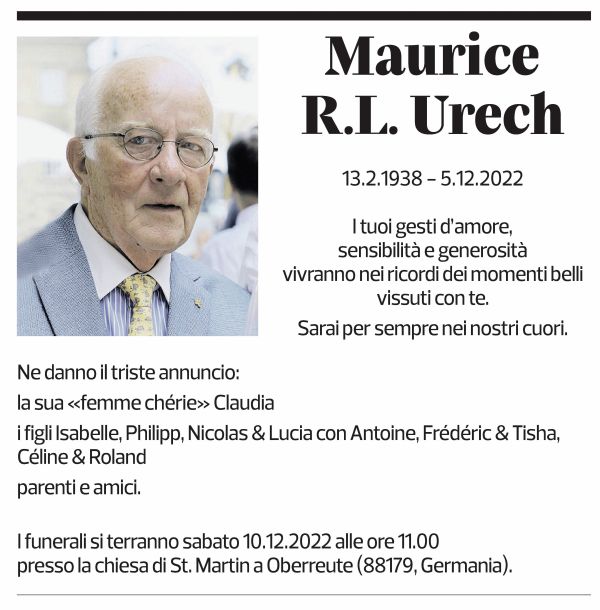 Annuncio funebre Maurice R. L. Urech