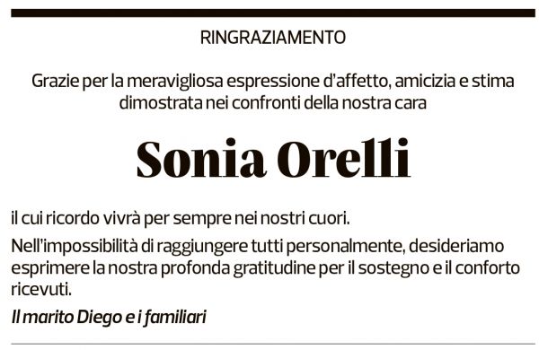 Annuncio funebre Sonia Orelli