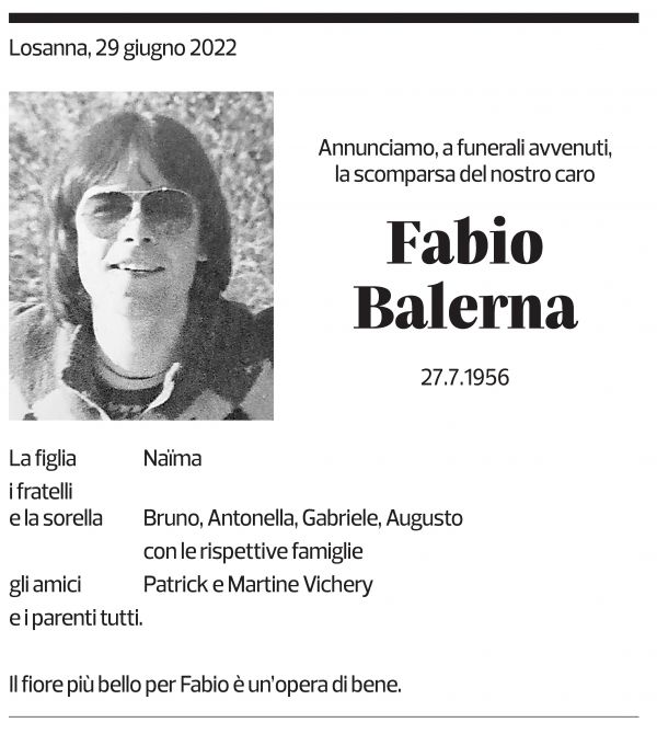 Annuncio funebre Fabio Balerna