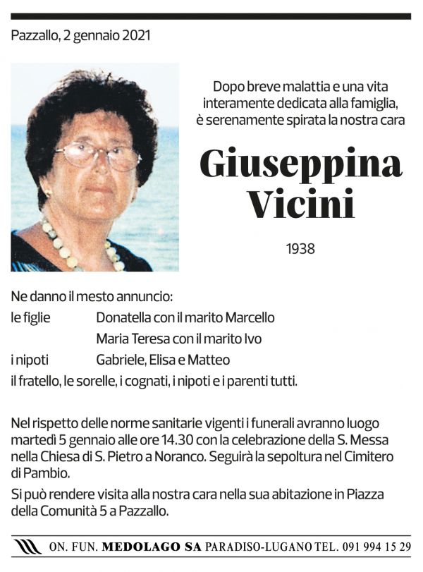 Annuncio funebre Giuseppina Vicini