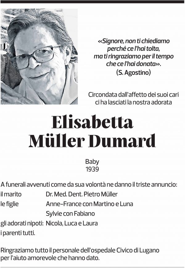 Annuncio funebre Elisabetta Müller Dumard