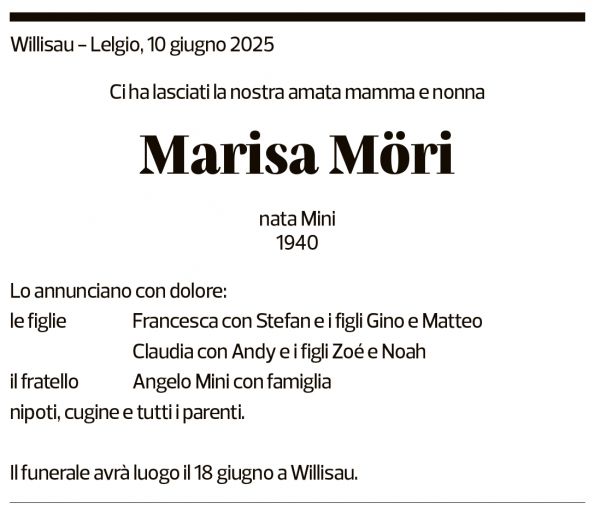 Annuncio funebre Marisa Möri