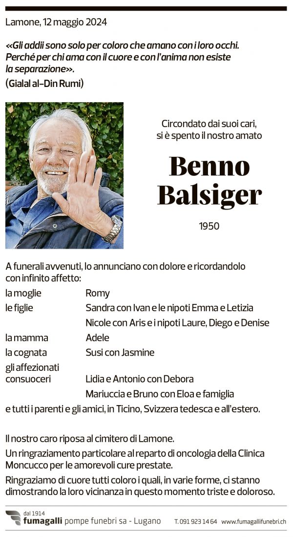 Annuncio funebre Benno Balsiger