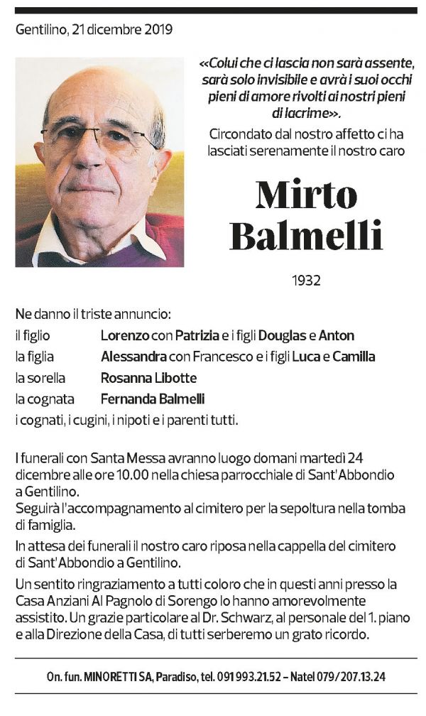 Annuncio funebre Mirto Balmelli