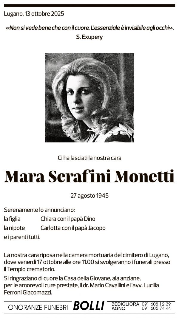 Annuncio funebre Mara Serafini Monetti