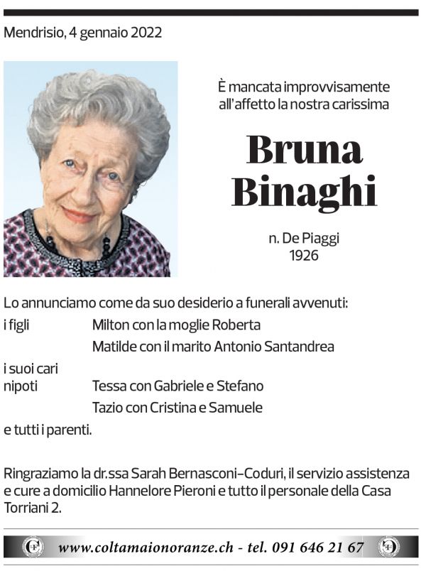 Annuncio funebre Bruna Binaghi