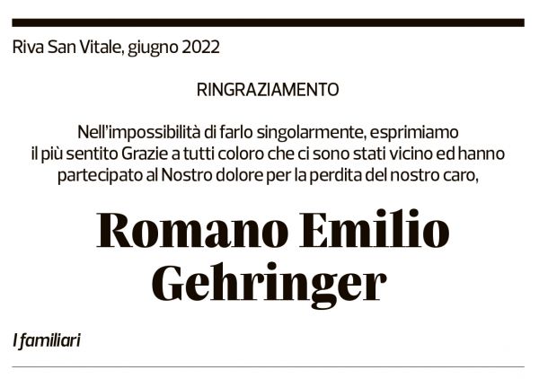 Annuncio funebre Romano Emilio Gehringer