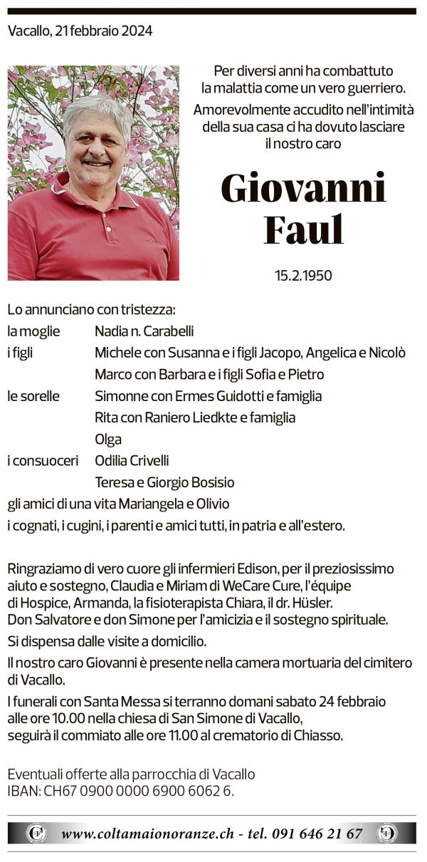 Annuncio funebre Giovanni Faul