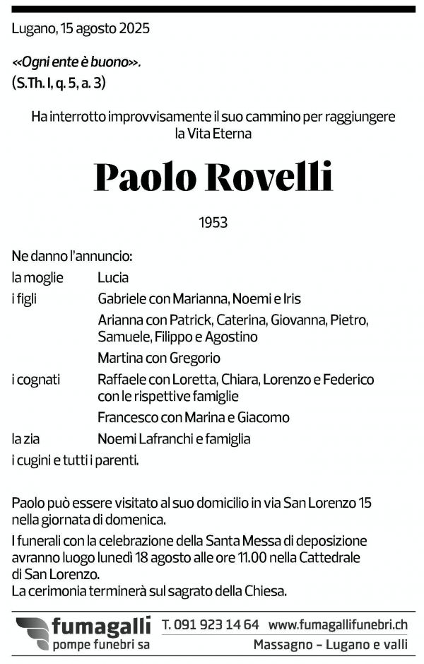 Annuncio funebre Paolo Rovelli
