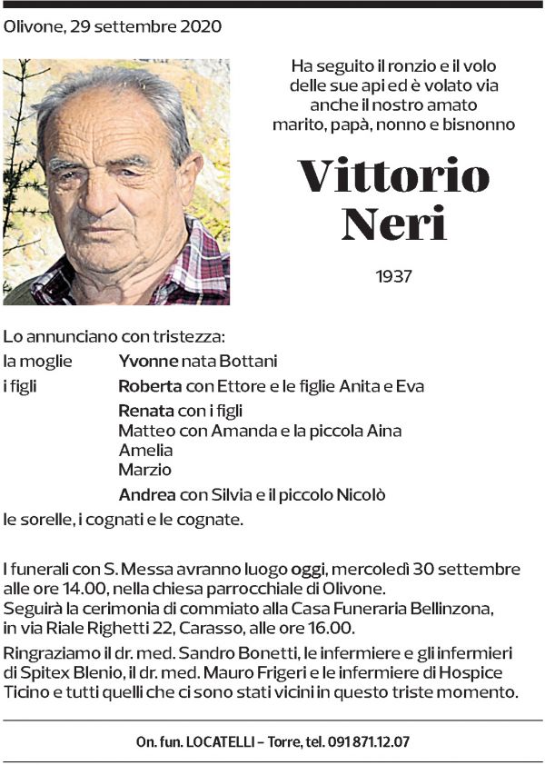 Annuncio funebre Vittorio Nei