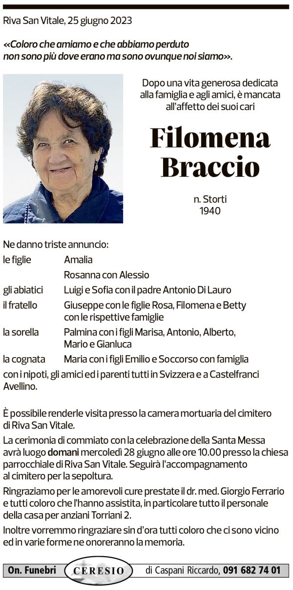 Annuncio funebre Filomena Braccio