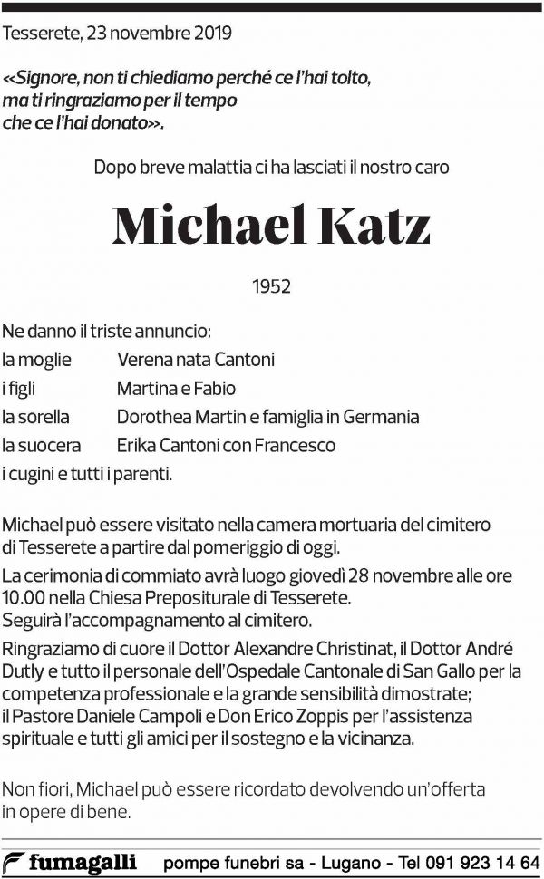 Annuncio funebre Michael Katz
