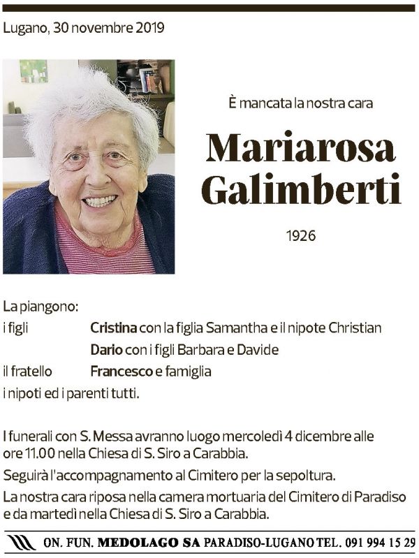 Annuncio funebre Mariarosa Galimberti