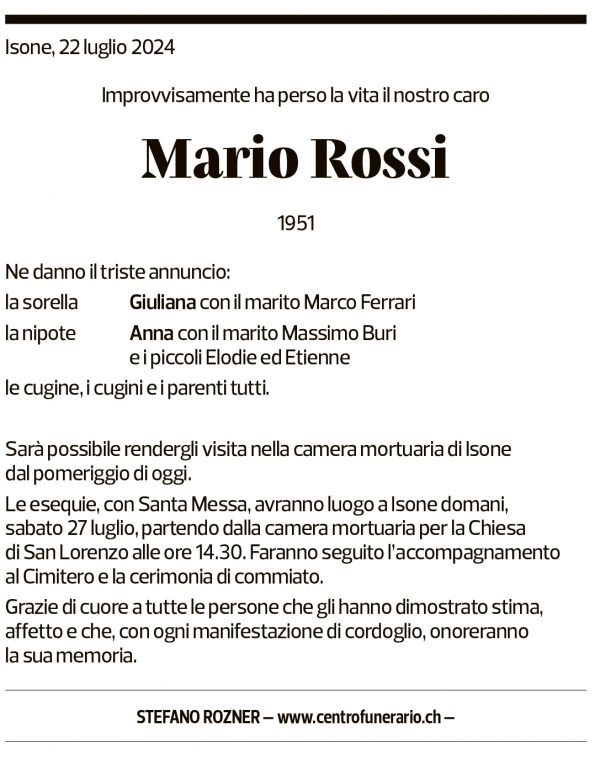 Annuncio funebre Mario Rossi