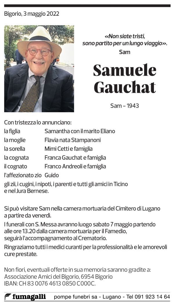 Annuncio funebre Samuele Gauchat