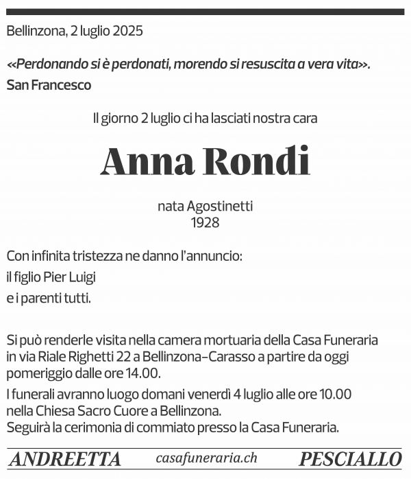 Annuncio funebre Anna Rondi