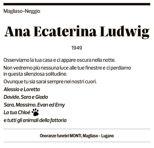 Annuncio funebre Ana Ecaterina Ludwig