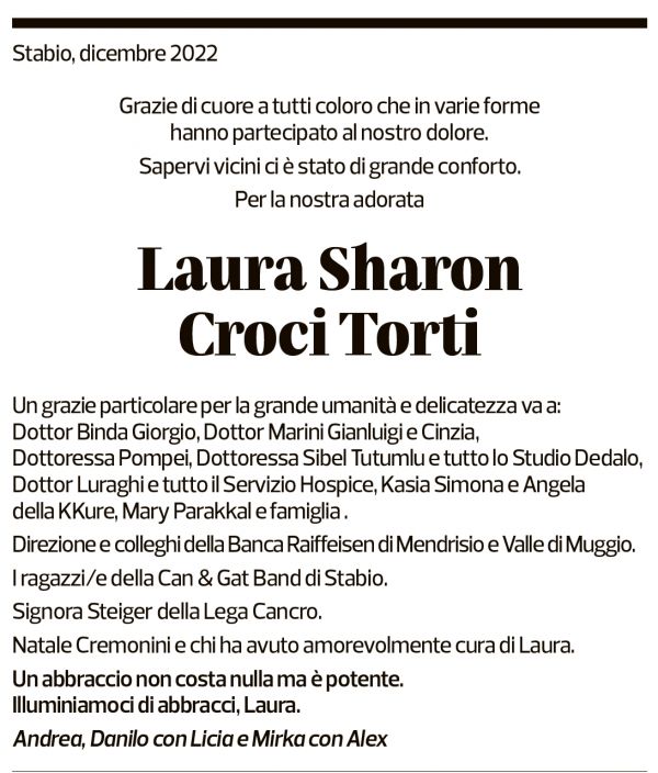 Annuncio funebre Laura Sharon Croci Torti