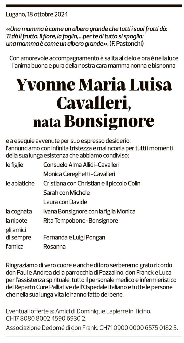 Annuncio funebre Yvonne Maria Luisa Cavalleri