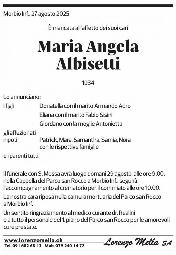 Annuncio funebre Maria Angela Albisetti