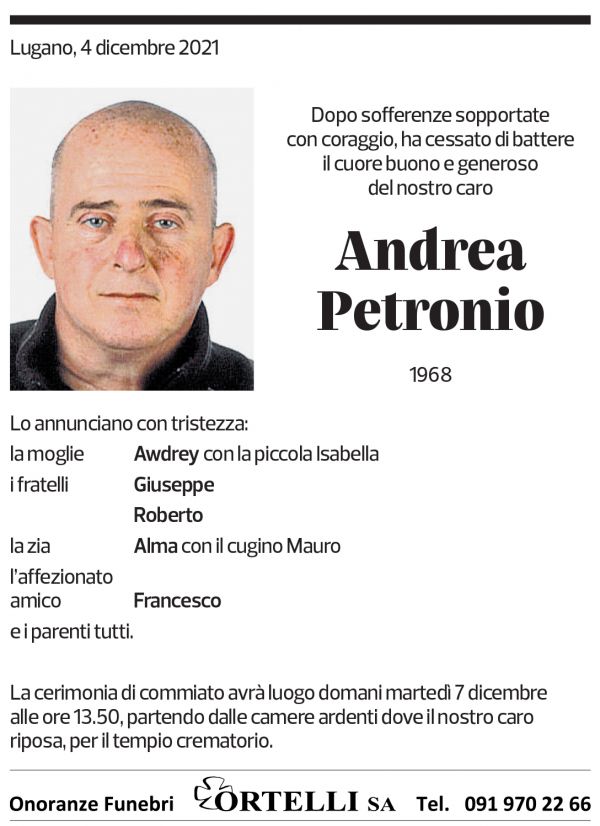 Annuncio funebre Andrea Petronio