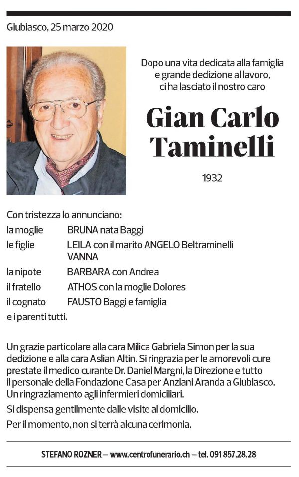 Annuncio funebre Gian Carlo Taminelli