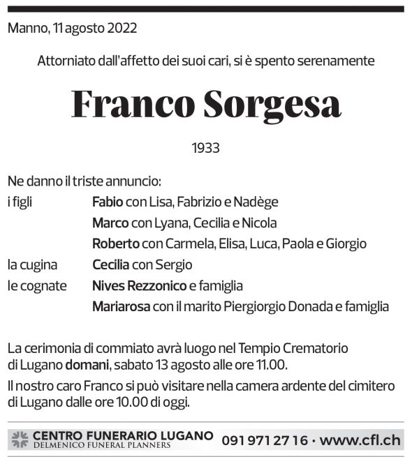 Annuncio funebre Franco Sorgesa