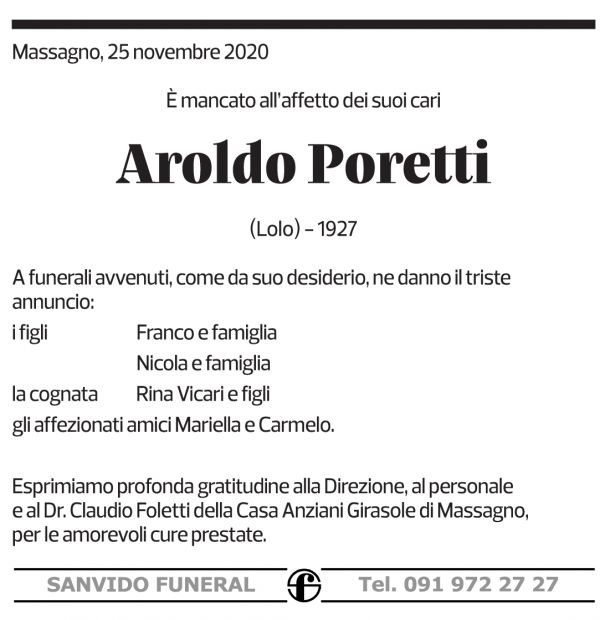Annuncio funebre Aroldo Poretti