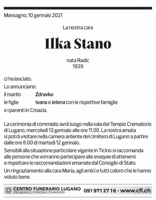 Annuncio funebre Ilka Stano