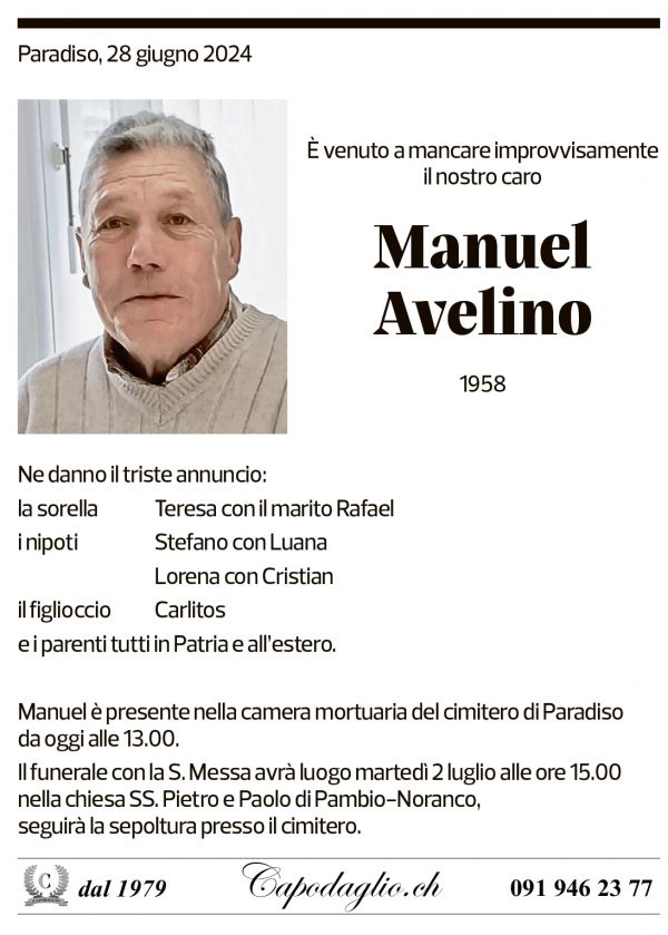 Annuncio funebre Manuel Avelino