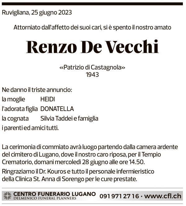 Annuncio funebre Renzo De Vecchi