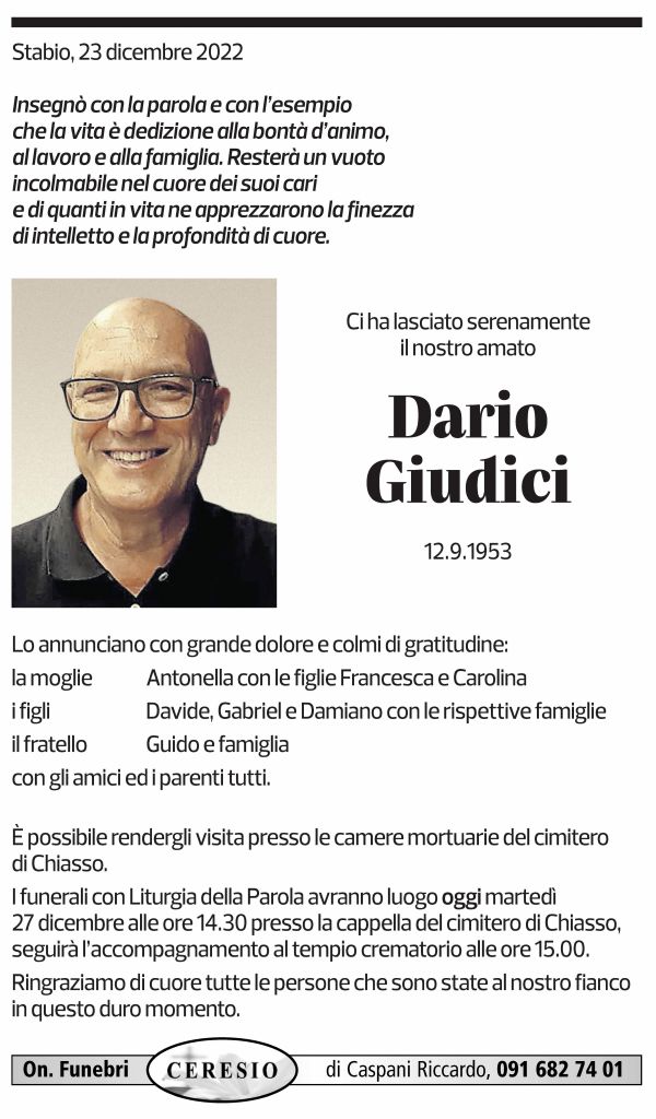 Annuncio funebre Dario Giudici