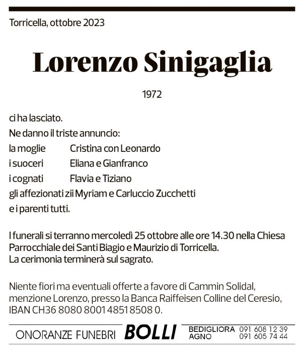 Annuncio funebre Lorenzo Sinigaglia