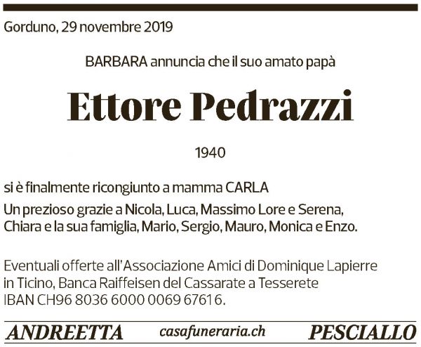 Annuncio funebre Ettore Pedrazzi