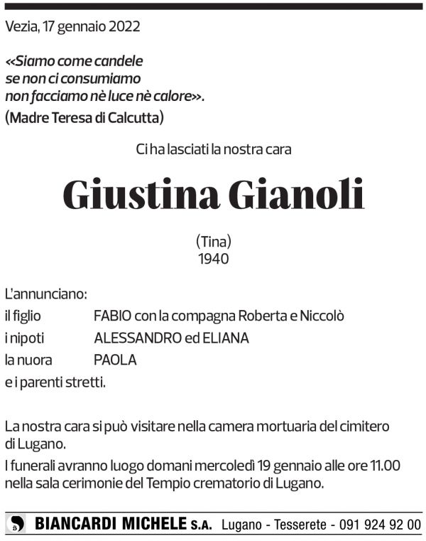 Annuncio funebre Giustina Gianoli