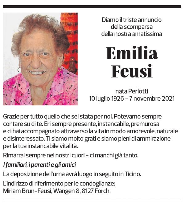 Annuncio funebre Emilia Feusi