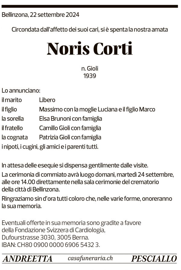 Annuncio funebre Noris Corti