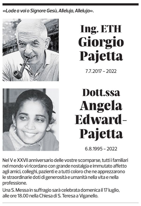 Annuncio funebre Giorgio Angela Pajetta