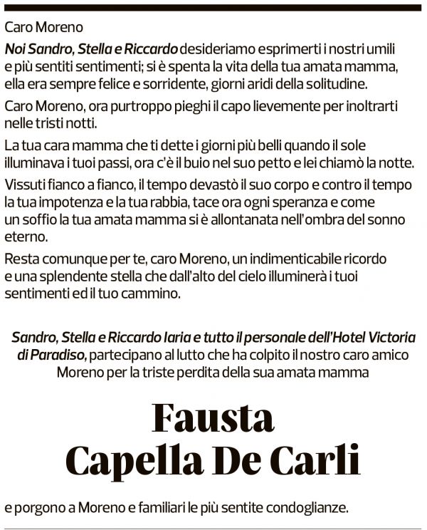 Annuncio funebre Fausta Capella De Carli