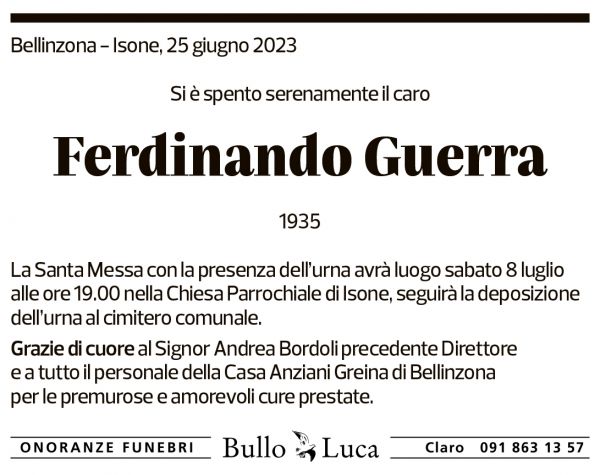 Annuncio funebre Ferdinando Guerra