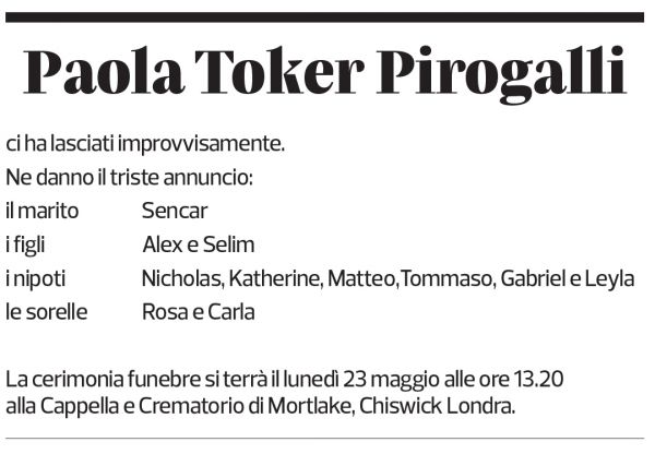 Annuncio funebre Paola Toker Pirogalli