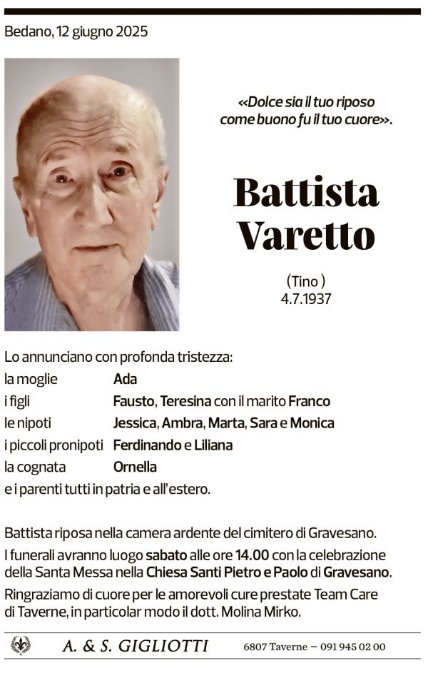 Annuncio funebre Battista Varetto