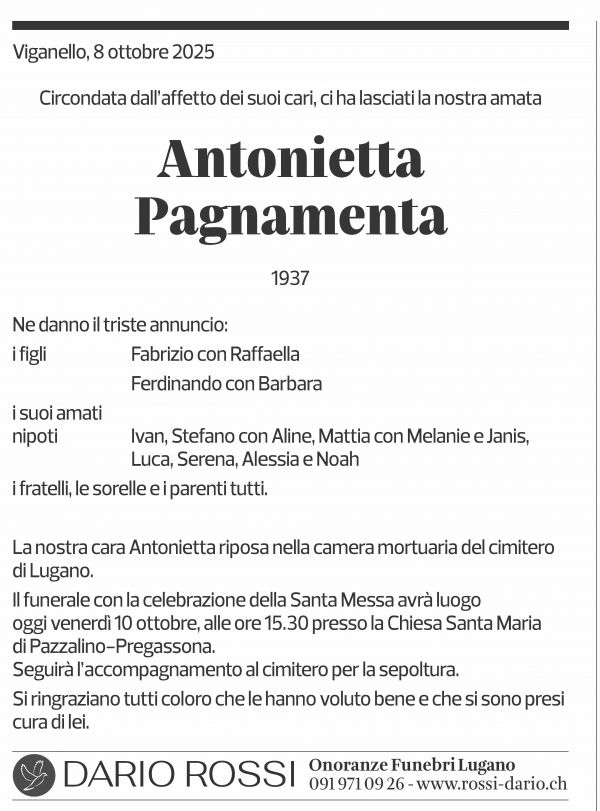 Annuncio funebre Antonietta Pagnamenta
