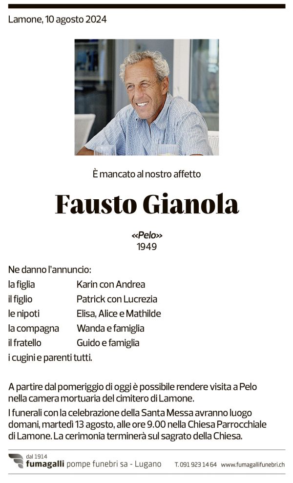 Annuncio funebre Fausto Gianola