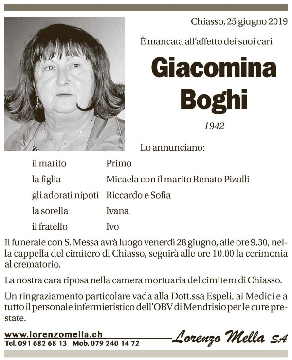 Annuncio funebre Giacomina Boghi
