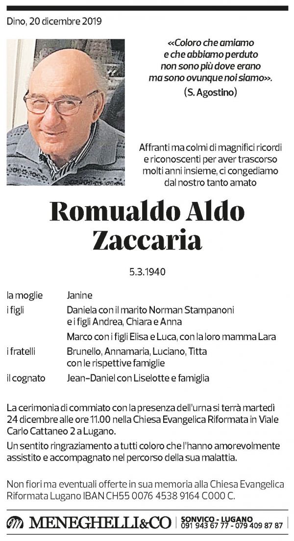 Annuncio funebre Romualdo Aldo Zaccaria