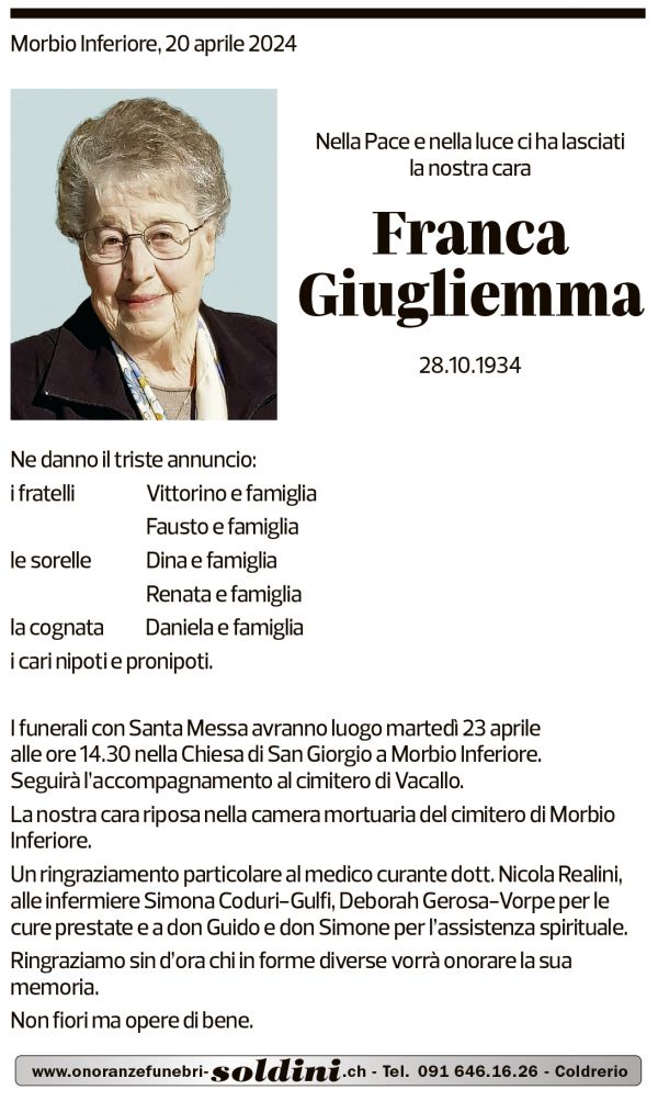 Annuncio funebre Franca Giugliemma