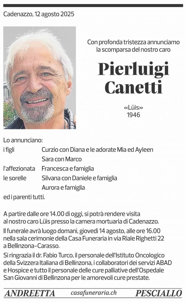 Annuncio funebre Pierluigi Canetti